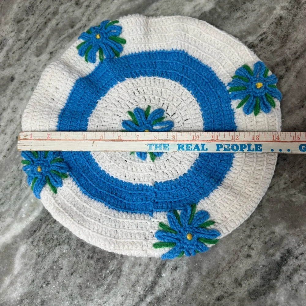 Vintage Hand-Crocheted Toilet Seat Cover Topper – Blue & White Floral